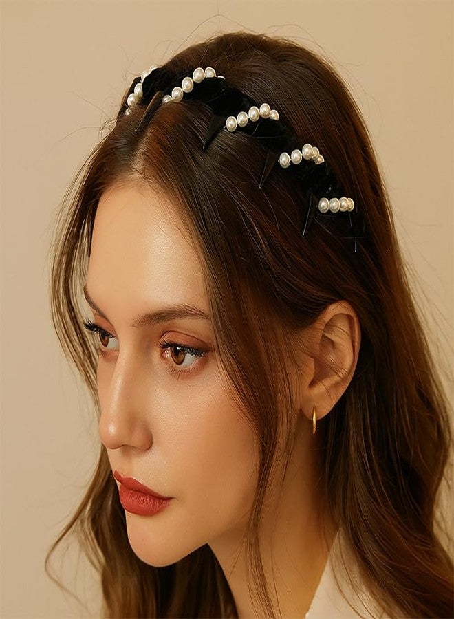 tebazoew Vintage High Cranium Artificial Pearl Hairband, Elegant Braided Pearls Headbands with Teeth, Bridal Hair Hoop Rhinestones for Women, Wedding Party Hair Hoop Band Headwear for Bride(3 pcs) - Image 4